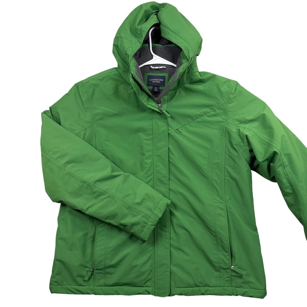 Lands' End Squall Jacket Women XL Green Fleece Lined Hooded Windproof Coat
